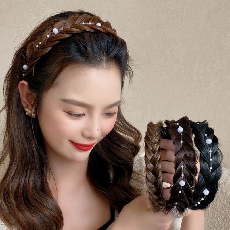 สาวหวานน่ารัก ปีกกว้างบิดถักเปียวิกผมที่คาดผมมุกกันลื่นก้างปลาถักเปียผมจัดแต่งทรงผมเครื่องมือ
