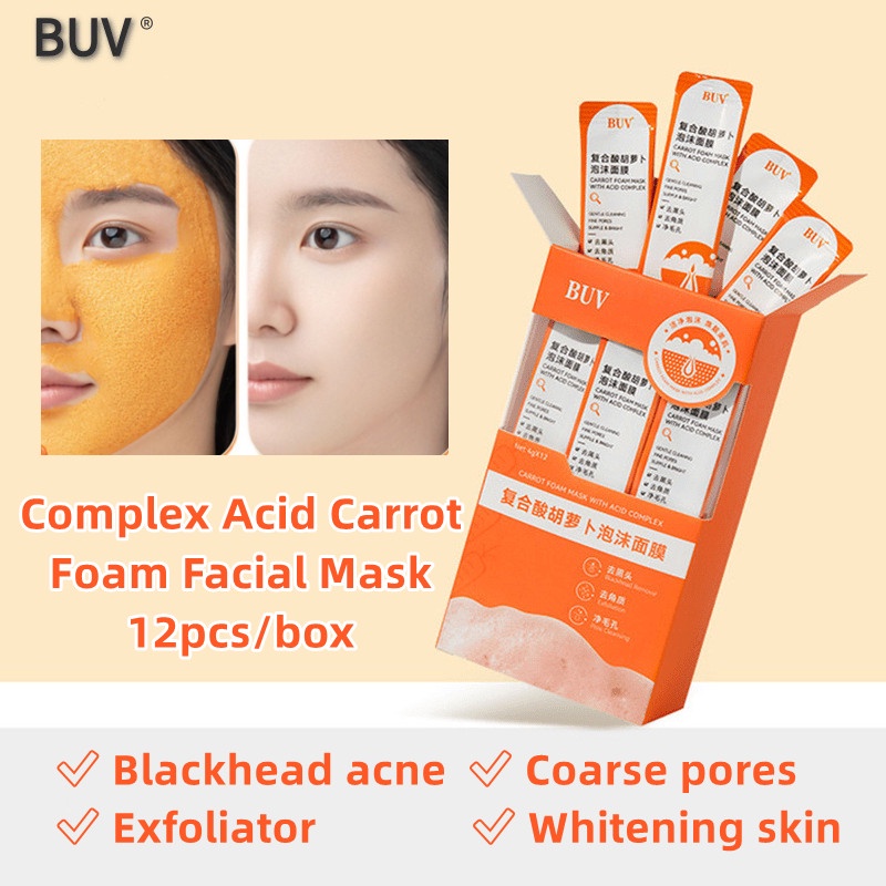 Buv มาร์คหน้าแบบโฟม สูตรแครอทกรดเชิงซ้อน 12 ชิ้น/กล่อง กรดซาลิไซลิก มาสก์ บับเบิล มาสก์กําจัดสิวหัวดํา มาสก์ กําจัดสิว โฟมฟองฟู่ ขจัดสิ่งสกปรก ทำความสะอาดรูขุมขนล้ำลึก กระชับ ขจัดสิวหัวดำ