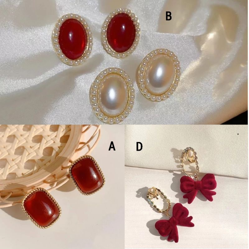 MERAH Erika Jewelry ต่างหูหนีบสีแดง / ต่างหูหนีบริบบิ้นสีแดง ต่างหูหินสีแดงเกาหลี