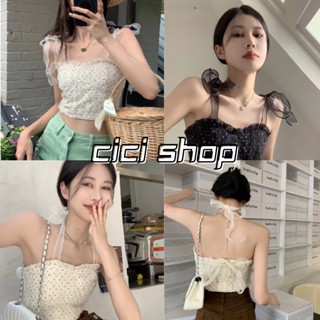 Cicishop(J098) เสื้อสายเดี่ยวลายจุด แต่งสายชีฟอง เบาบางเนี้ยบ น่ารักสไตล์มินิมอล