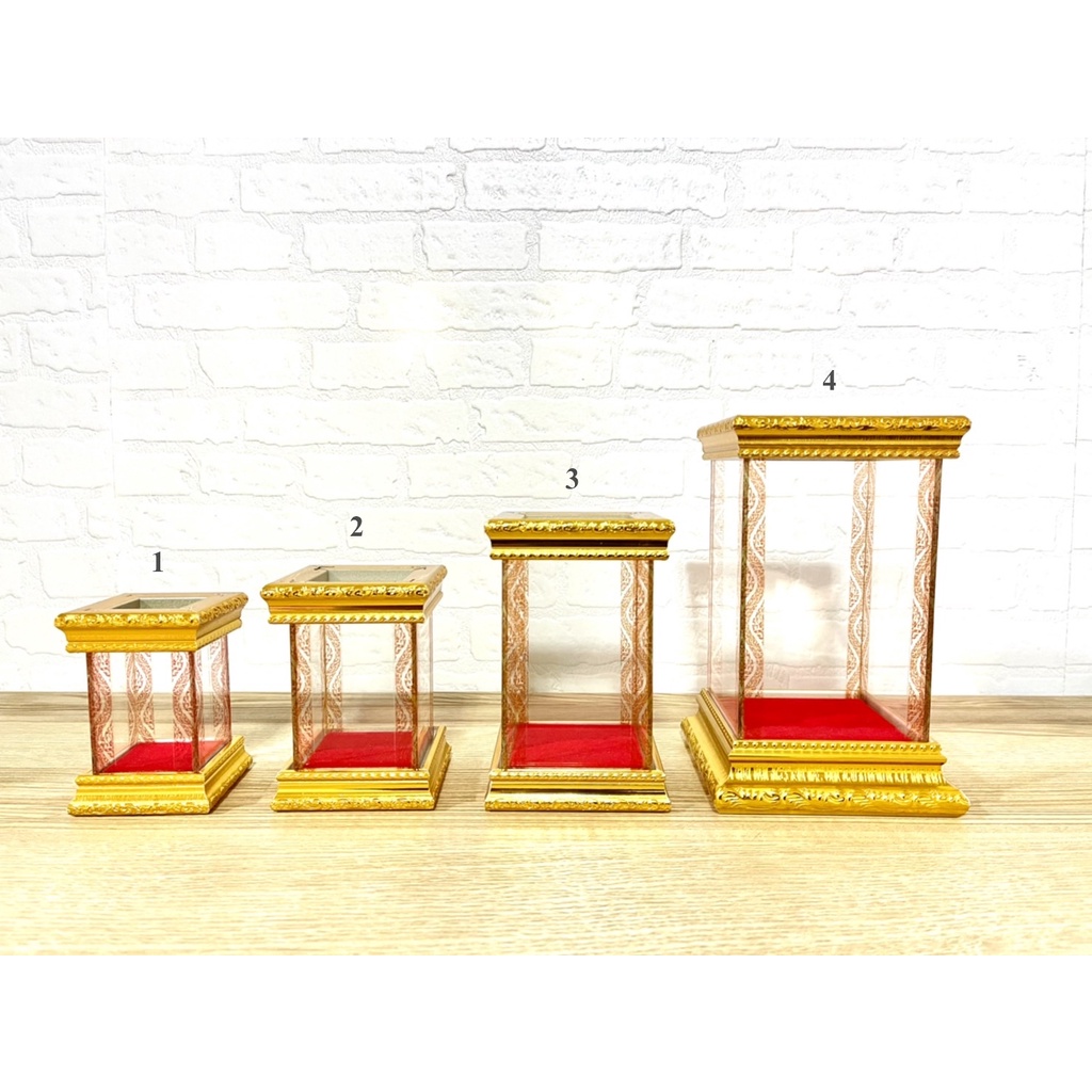 ตู้กระจกครอบพระ ตู้พระ ตู้ครอบพระ ฐานไม้สีทอง กำมะหยี่สีแดง ทั้งหมด 5 ขนาด เกรด A+