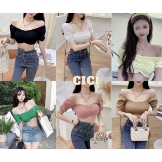 Cici ❣🇹🇭🚚พร้อมส่ง❣(A985)Tinycrop top เสื้อครอปปาดไหล่จั๊มแขน  ผ้ายืดเซกซี่ปังๆ