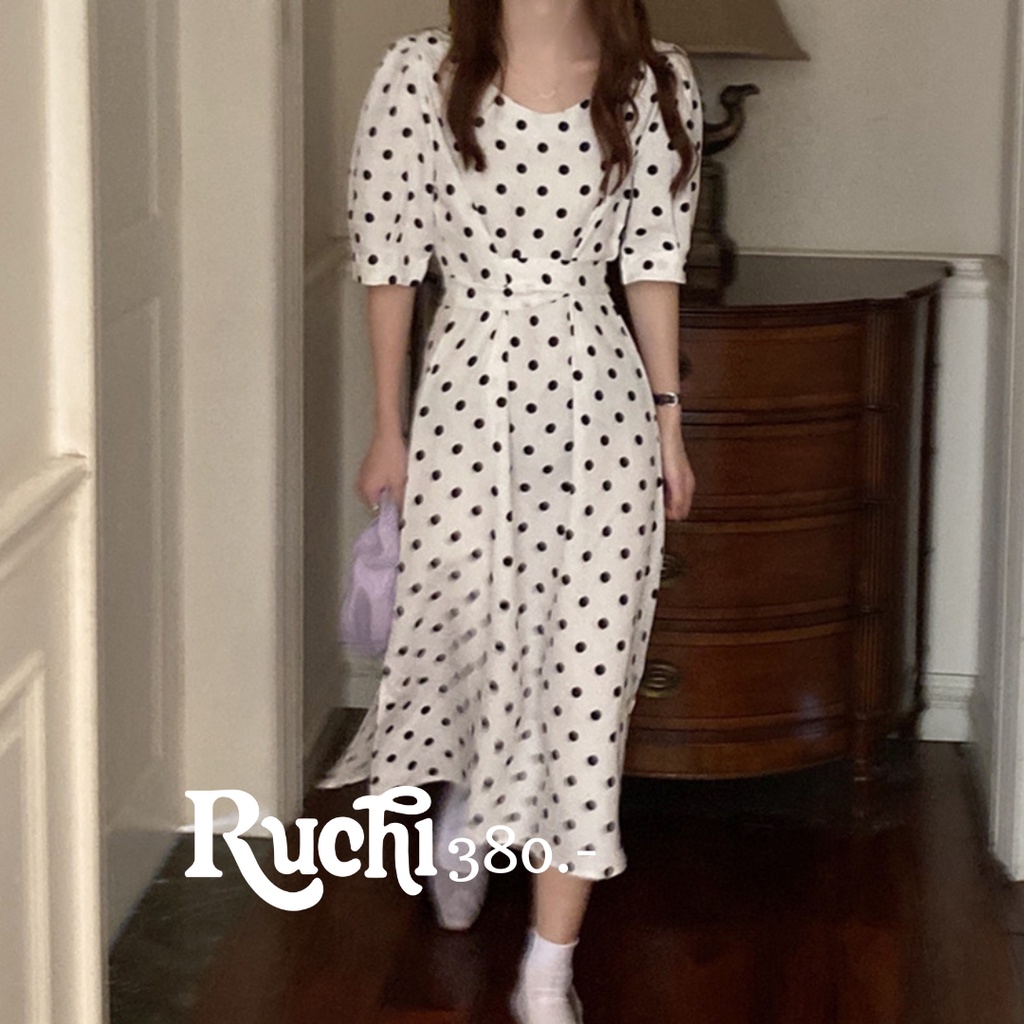 RUCHI เดรสลายจุด polka dot dress เดรสสีขาว แขนตุ๊กตา ลายจุดดำ