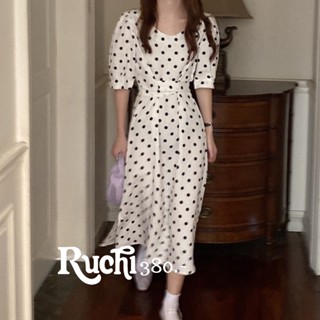 RUCHI เดรสลายจุด polka dot dress เดรสสีขาว แขนตุ๊กตา ลายจุดดำ