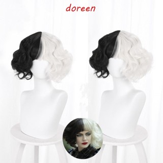 Doreen Cruella De Vil วิกผมสั้น แบบครึ่ง สีดํา ขาว คุณภาพสูง เครื่องประดับแฟชั่น สําหรับฮาโลวีน