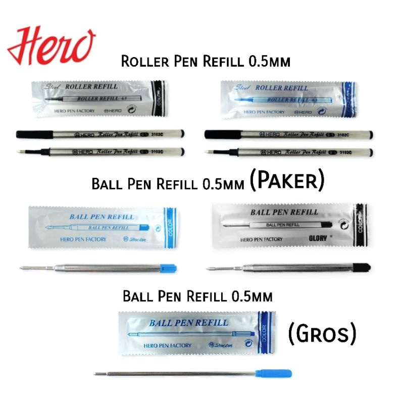 Hero ไส้ปากกาหัวบอลเหล็ก, ไส้ปากกาลูกลื่นเหล็ก ขนาด 0.5mm.
