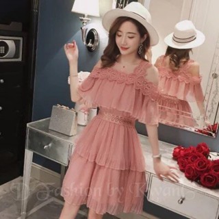 ✅ SALE Dress Premium อก 34" ไซส์ S เดรสสั้น ผ้าชีฟอง อัดพลีท แต่งลูกไม้ เปิดไหล่ ไซส์ S พร้อมส่ง