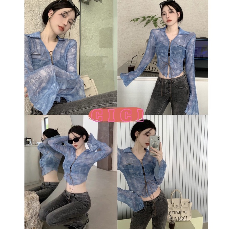 ส่งทันที Cici พร้อมส่ง (J285)เสื้อแขนยาวคอปกซีทรู มีสายผูกโบว์หน้าอก ดีเทลปลายทางปลายระบายทรงสวยเก๋สไตล์Y2Kสุด
