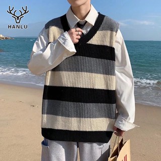 HANLU เสื้อกั๊กแฟชั่นของผู้ชายลายใหม่สไตล์เกาหลีคอวีสเวตเตอร์วอร์มหลวมสบายๆ