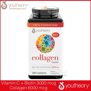 Youtheory Collagen Plus Biotin Skin, Hair, &amp; Nail Formula 6000 mg, 390 Tablets คอลลาเจนอันดับ 1 จาก USA