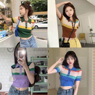 Por 💥เสื้อไหมพรม คอปกแขนสั้น สีสันสดใส น่ารัก เกาหลี แต่งกระดุม 4สี 💥 (พร้อมส่ง❗)  #A21