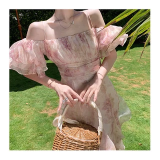 (Dress5-142)พร้อมส่ง Floral Dress เดรสผ้าชีฟอง สายเดียวเปิดไหล่มีแขนระบายๆ ผ้าพลิ้ว จั้มอก สวยน่ารักมากๆ เที่ยว ออกงาน