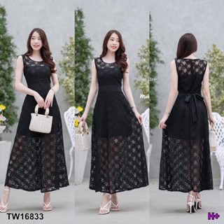 J16833 แม็กซี่เดรส ผ้าลูกไม้ซีทรู แขนกุด โบว์ผูกเอว Maxi dress, see-through lace, sleeveless, bow tie waist