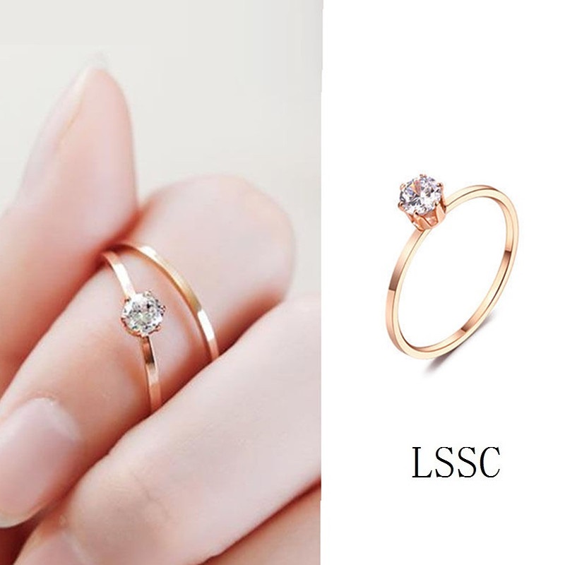 Rose Gold Ring 1 Carat Single Diamond Engagement Wedding Ring Women Fine Jewelry Anti Rust Stainless Titanium Steelสร้อย