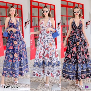 ิ16802 แม็กซี่เดรส สายเดี่ยวเว้าหลัง ลายดอกกราฟฟิก One-shoulder maxi dress, show back, floral print.