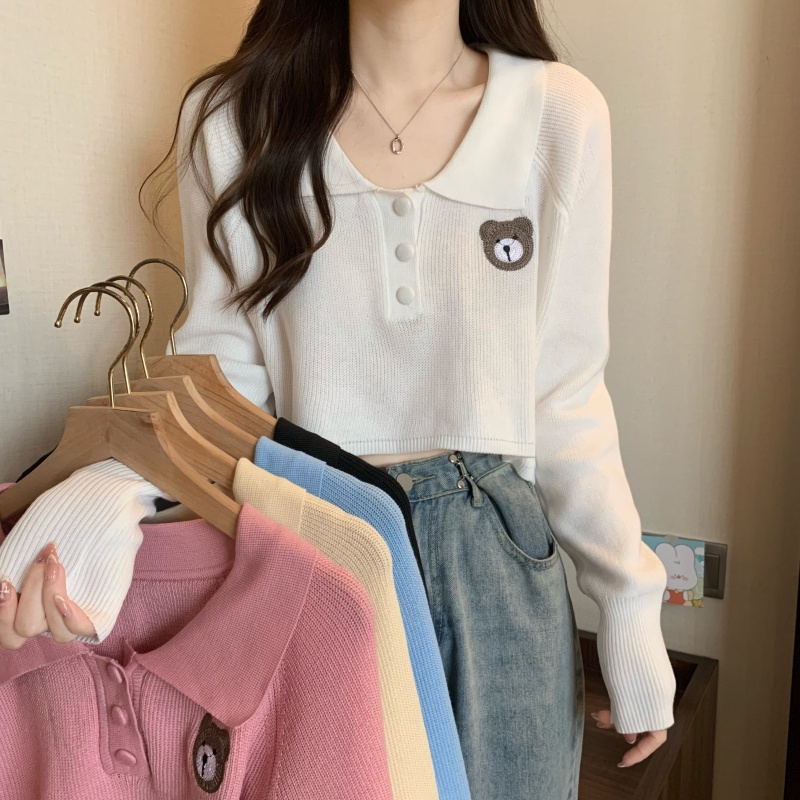 Grace_chili 91095 เสื้อครอปแขนยาว ไหมพรมคอปก คอปก ปักหน้าหมีน่ารักสีสวย สดใส