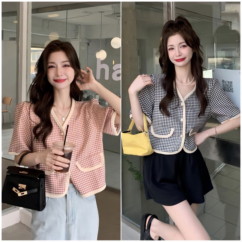 พร้อมส่ง เสื้อคลุมทวิต แขนสั้น โอเวอร์ไซต์ กระดุมมุก 3เม็ด ผ้าลื่นบางเบา