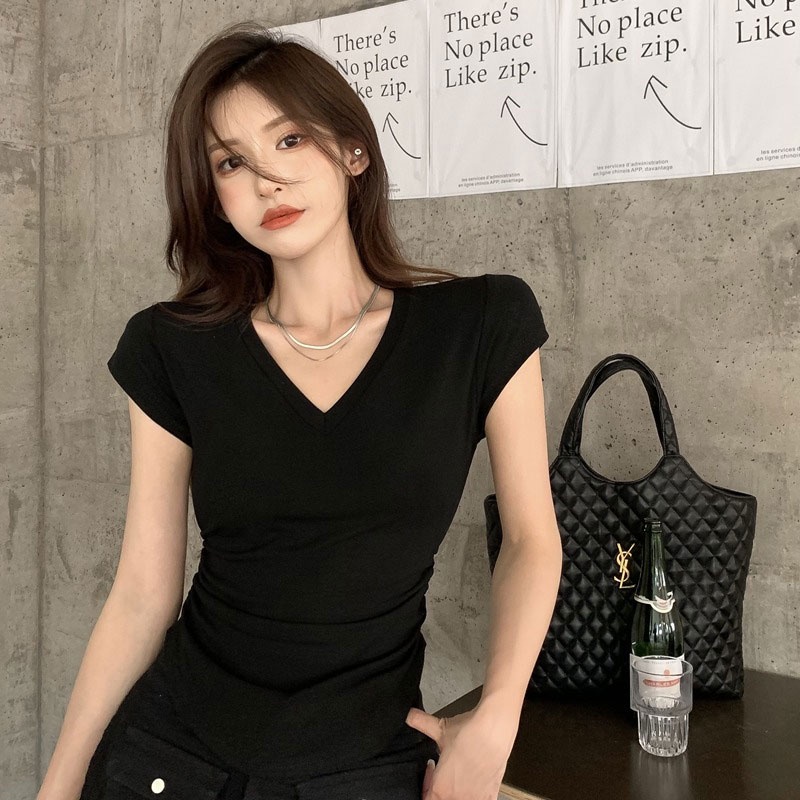 เสื้อยืดแขนสั้น  เสื้อรัดรูปคอวี ป้ายนมโต ผ้าหนา ยืดเด้ง ใส่สบาย ใส่อยู่บ้าน ใส่ออกไปข้างนอกสวยๆ - รูปที่ 5