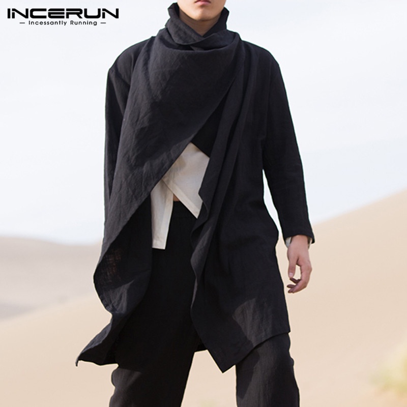 Chinese Vintage Men Trench Coat Cotton Long Sleeve Scarf Collar Hip-hop Jacket Coats Men Cloak Outerwear Punk Style Stre