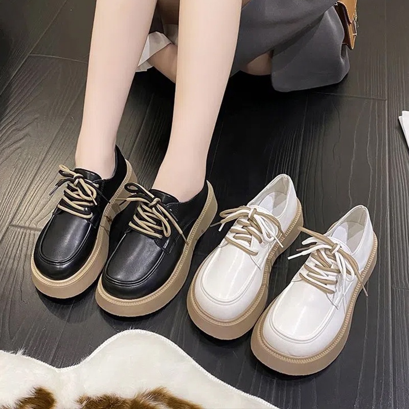 ⚡พร้อมส่ง⚡รองเท้าหนังผู้หญิงพื้นหนาผูกเชือกหัวกลมสวมใส่สบายสไตล์อังกฤษ