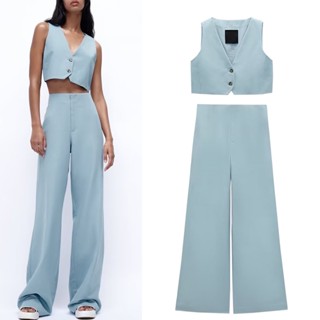 Traf ZARA ใหม่ เสื้อกล้าม ผ้าลินิน ตัวสั้น และกางเกงขากว้าง แฟชั่นฤดูร้อน 7385506 7385507