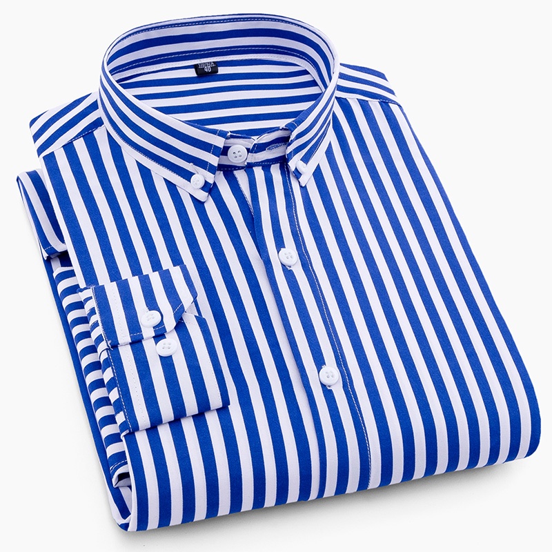 ธุรกิจแขนยาวลำลองไม่ต้องใช้รีดผ้าเสื้อผู้ชายแบรนด์แท้ เชิ้ตลายทาง