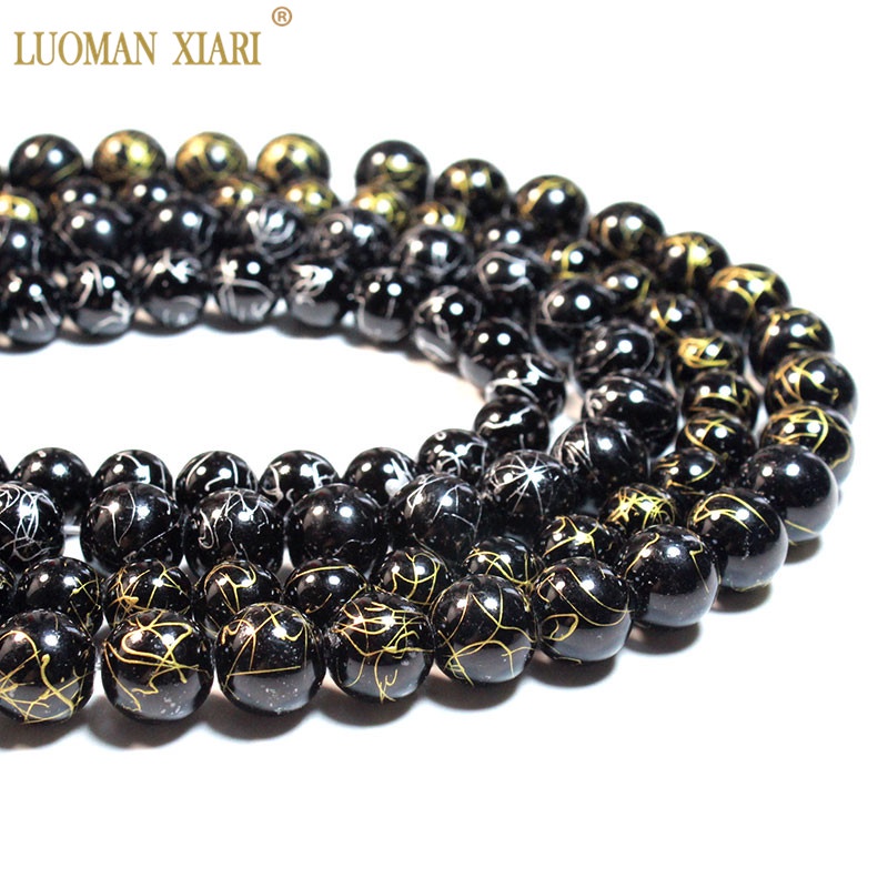 LUOMAN XIARI สีดํานิล Electroplate Golden Filament Winding Agate รอบหินลูกปัดสําหรับเครื่องประดับทําสร้อยข้อมือ DIY