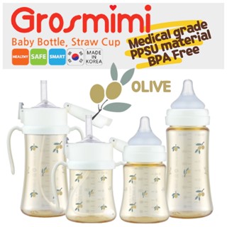 [Korea]🇰🇷 AUTHENTIC Grosmimi Olive Straw Cup Feeding Bottle Spill Proof no Spill Magic Sippy Cup with Straw with Handle for Baby and Toddler l WIDE NECKㅣ PPSU, BPA Free 200ml / 300ml CustomizableㅣReplacement StrawㅣCleaning brush set