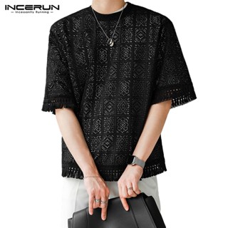 Incerun เสื้อยืด แขนสั้น ลูกไม้ โครเชต์ เชียร์ ตาข่าย คอกลม พู่ สําหรับผู้ชาย