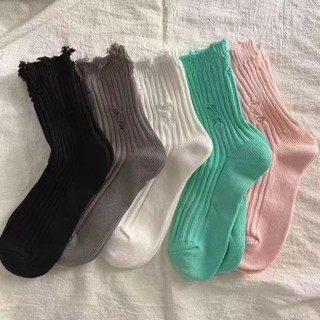 ถุงเท้า ข้อกลาง แต่งรอยขาด สีดํา อินเทรนด์คู่รัก สไตล์เรโทร สําหรับผู้ชาย และผู้หญิง