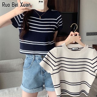 RUO BEI XAUN เสื้อยืดคอกลมแขนสั้นสำหรับผู้หญิง,เสื้อยืดถักลายทางบางสไตล์เกาหลี