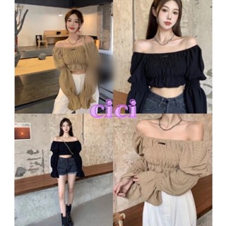 Cici ❣🇹🇭🚚พร้อมส่ง❣(Y3360)เสื้อครอปปาดไหล่สม็อคทั้งตัว มีเชือกผูกข้างหลัง ลุคสายเกาสวยชิคมาก