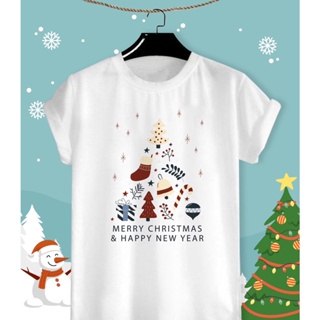 เสื้อลายปีใหม่ เสื้อคริสมาสต์ Merry Christmas &amp; Happy New Year 2023 ผ้า TK ใส่สบาย สีสันสดใส ใส่สบาย ไม่ยืดไม่ย้วย