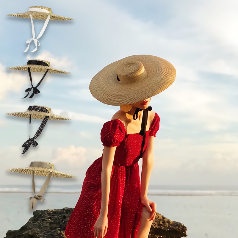 สุภาพสตรีหมวกฟางปีกกว้างย้อนยุคสง่างามแบนหมวกดาร์บี้นุ่มหมวกชายหาดฤดูร้อน
