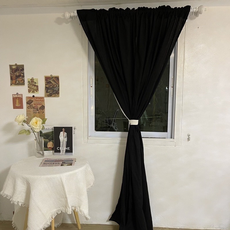 ผ้าม่านผ้าฝ้ายมินิมอลสีดำ แต่งมินิมอลโทนดาร์คแบบเก๋ๆ เย็บแบบไม่มีเชิง สามารถใช้ได้ทั้งหน้าต่างและประตู - รูปที่ 2