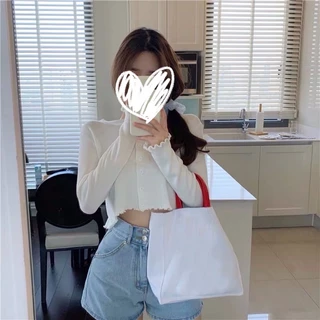 Cicishop🍓พร้อมส่ง🍍เสื้อครอปแขนยาวงานไหมพรมกระดุมหน้า(7189)