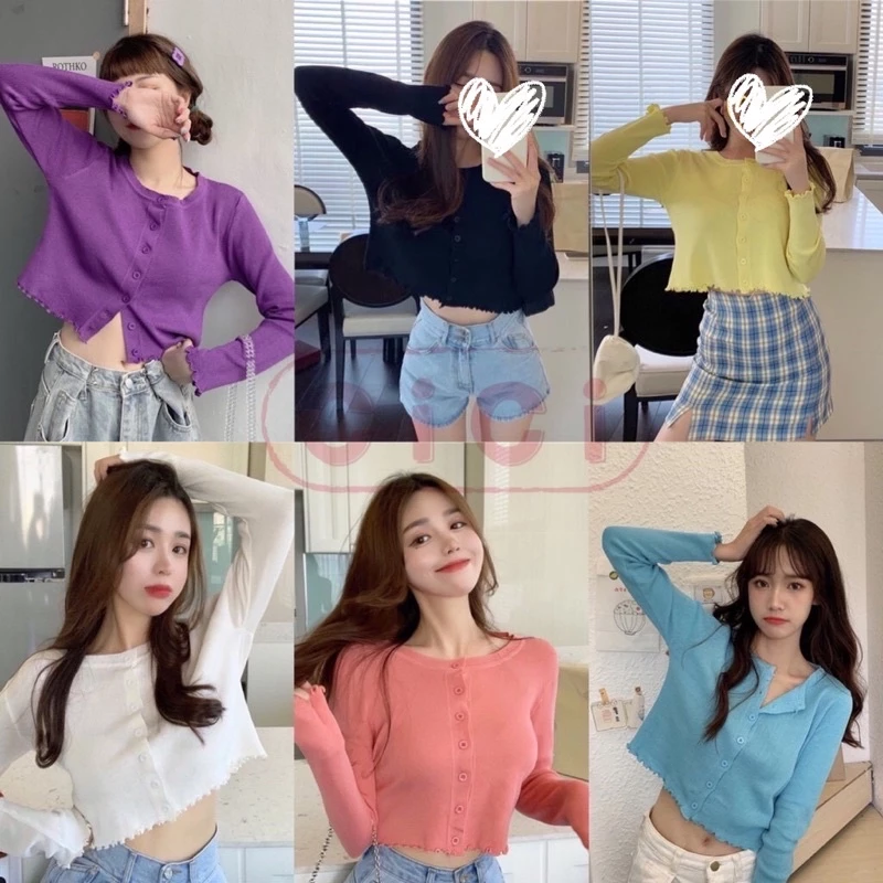 Cicishop🍓พร้อมส่ง🍍เสื้อครอปแขนยาวงานไหมพรมกระดุมหน้า(7189)