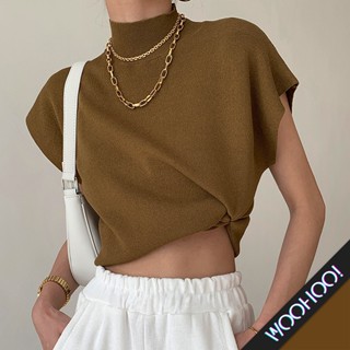 WOOHOO!【69】เสื้อแฟชั่นถักไหมพรม แขนกุด คอสูง ทรวงหลวม ใส่สบาย ไหล่กว้าง เสื้อคอปีน สไตล์เกาหลี สำหรับผู้หญิง