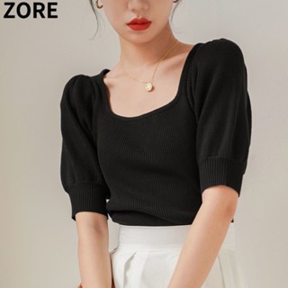 Zore เสื้อยืด คอสี่เหลี่ยม แขนพอง ผ้าเรยอนถัก สไตล์ฝรั่งเศส แฟชั่นฤดูร้อน สําหรับผู้หญิง