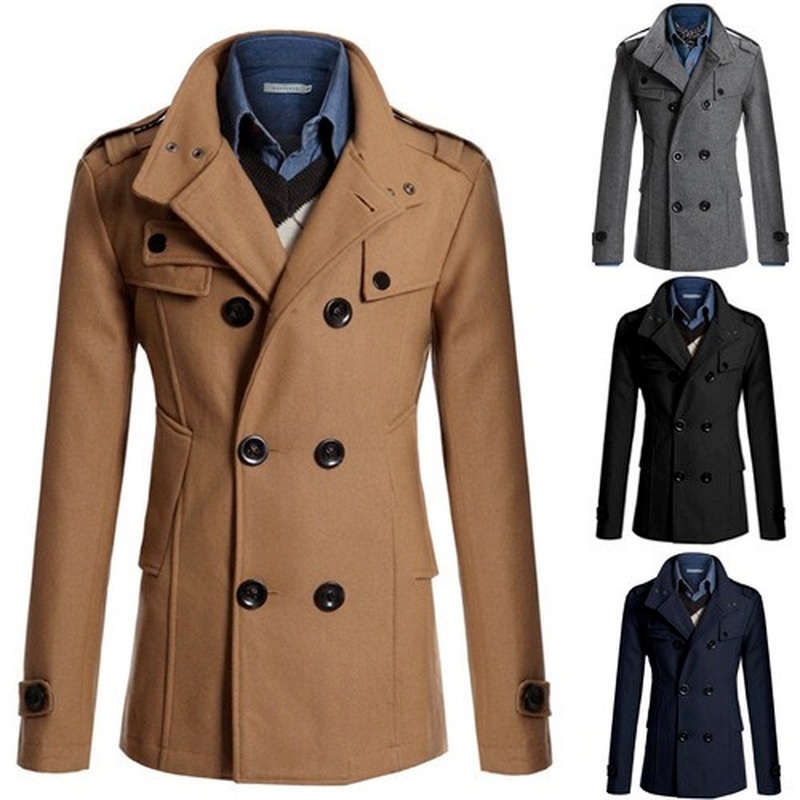 Mens Double Breasted Cotton Coat 2022 Winter Wool Blend Solid Color Casual Business Fashion Slim Trench Coat Jacket Men 