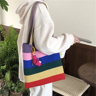 สั่งแยกกับเสื้อผ้า‼️ Rainbow Knit bag ฟรีพวงกุญแจ กระเป๋าผ้าถักทอไหมพรม สีรุ้ง