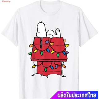 Running เสื้อยืดยอดนิยม Peanuts Snoopy Doghouse Christmas Lights T-Shirt Mens Womens T-shirts