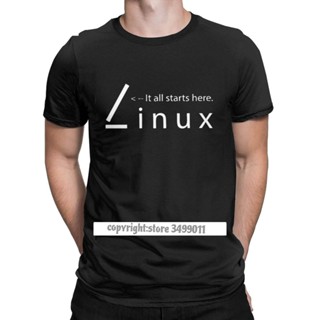 เสื้อยืด คอกลม ผ้าฝ้าย พิมพ์ลาย Linux It All Starts Here สไตล์ฮาราจูกุ สําหรับผู้ชาย