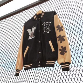 เสื้อแจ็กเก็ตเบสบอล ผ้าฟลีซ ลาย Varsity V Bear สไตล์เกาหลี สําหรับผู้หญิง และผู้ชาย