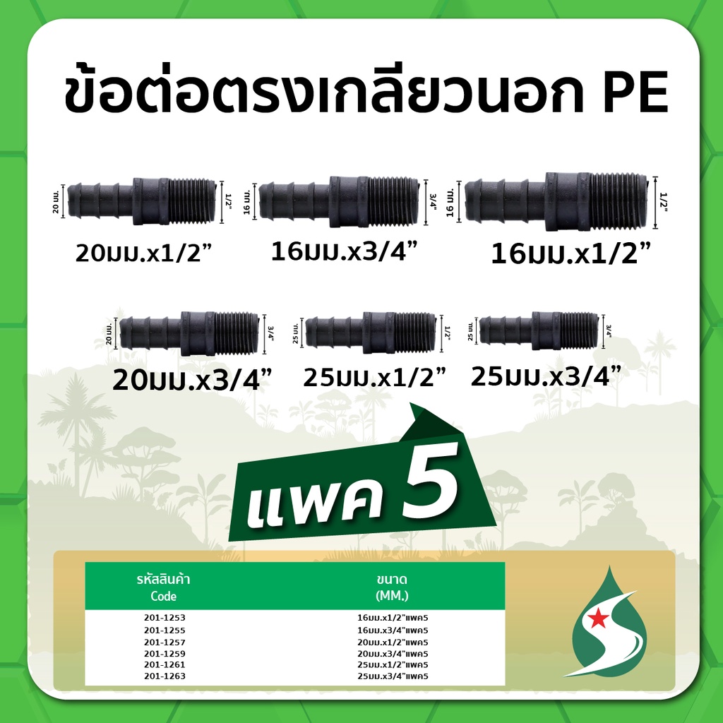ข้อต่อตรง PE ข้อต่อตรงเกลียวนอก ข้อต่อตรงแบบสวม ขนาด 16มม. / 20มม. / 25มม.  x 1/2" , 3/4" แพค 100 ชิ้น