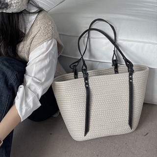 พร้อมส่ง 2 สี กระเป๋าสาน เชือกฝ้าย แพ็คใส่กล่อง ทรงไม่เสีย สายหนัง ทรงshopping bag จุงของได้เยอะ แข็งแรง P137