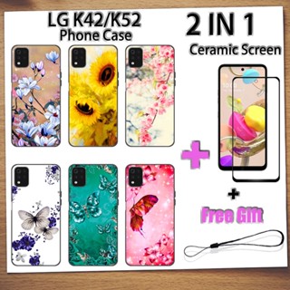 2 IN 1 LG K42 K52 เคสโทรศัพท์ พร้อมกระจกนิรภัยกันรอยหน้าจอ ลายผีเสื้อ