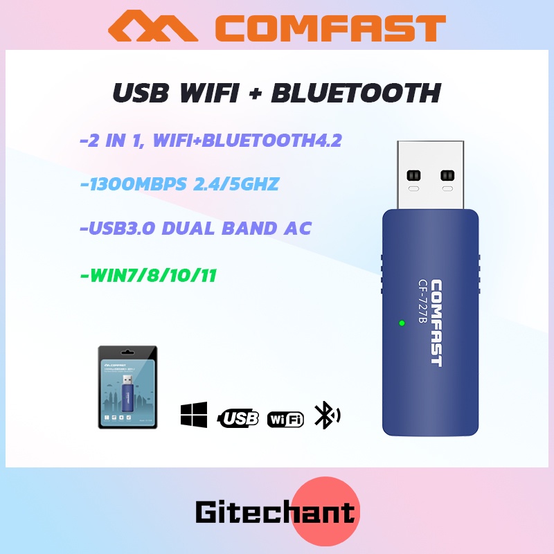 Comfast 1300Mbps USB WiFi 5G Bluetooth 4.2 WiFi Bluetooth Dongle เสาอากาศ WiFi สำหรับ PC แล็ปท็อป BT ลำโพง Gamepad หูฟัง CF-727B