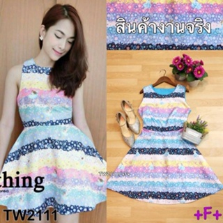 TwinsShopVip💗พร้อมส่ง TW2111 เดรสแขนกุด ลายพลาสเทลสีสันสดใส Sleeveless dress with bright pastel prints