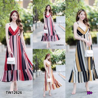 👗Pfashion [ส่งไว!!🚛] P12626 เดรสสายเดี่ยวยาวลายริ้วสลับสี + ผ้าโพกผม Long strapless dress with alternating col